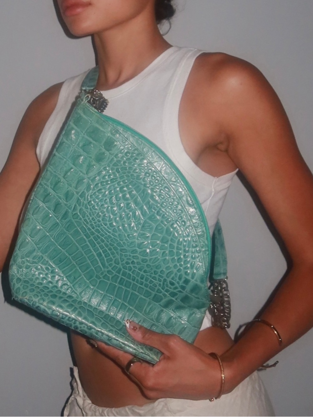 Vintage Teal Croc Chain Shoulder Bag